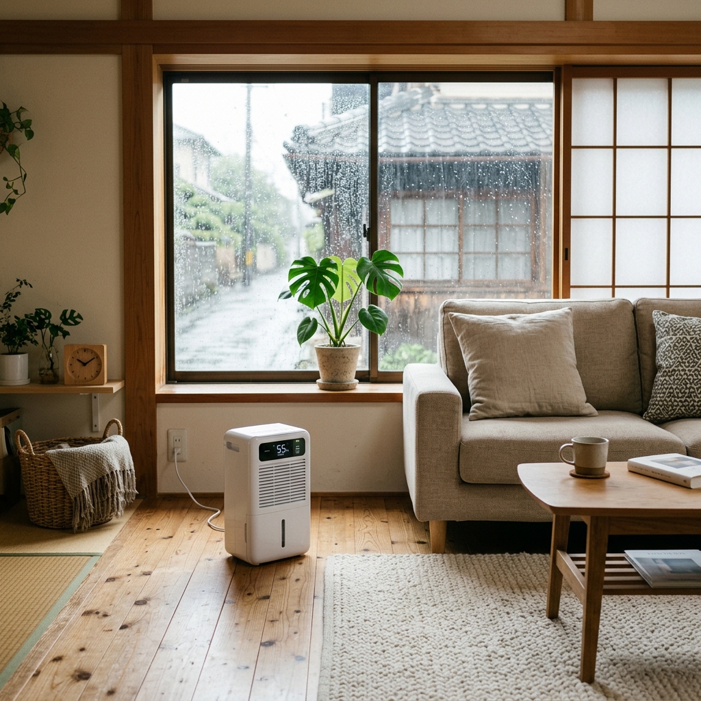 白を基調とした清潔感のあるモダンな部屋に置かれた静音除湿機。