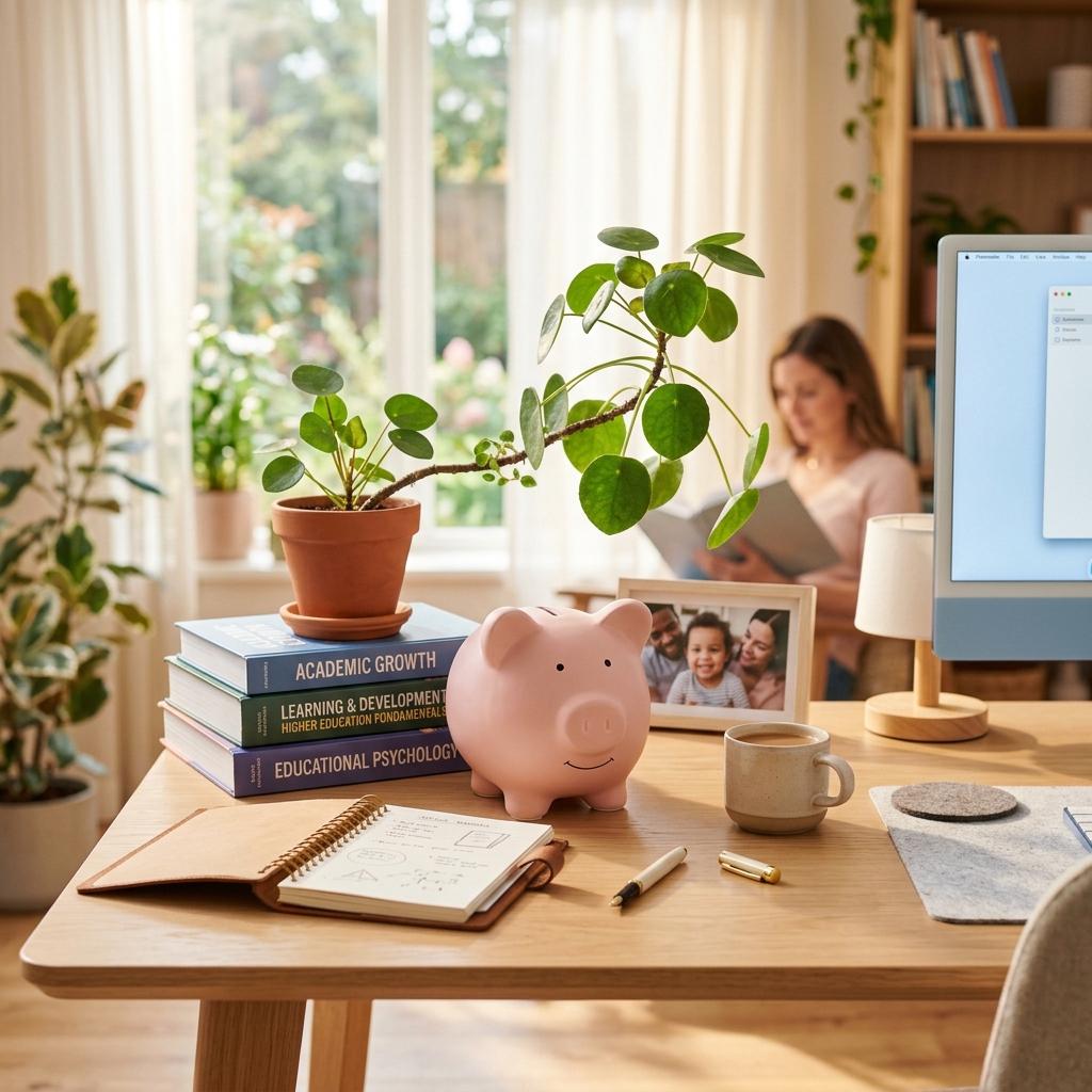 2026年4月開始の教育費負担軽減（無償化）をイメージした机と貯金箱