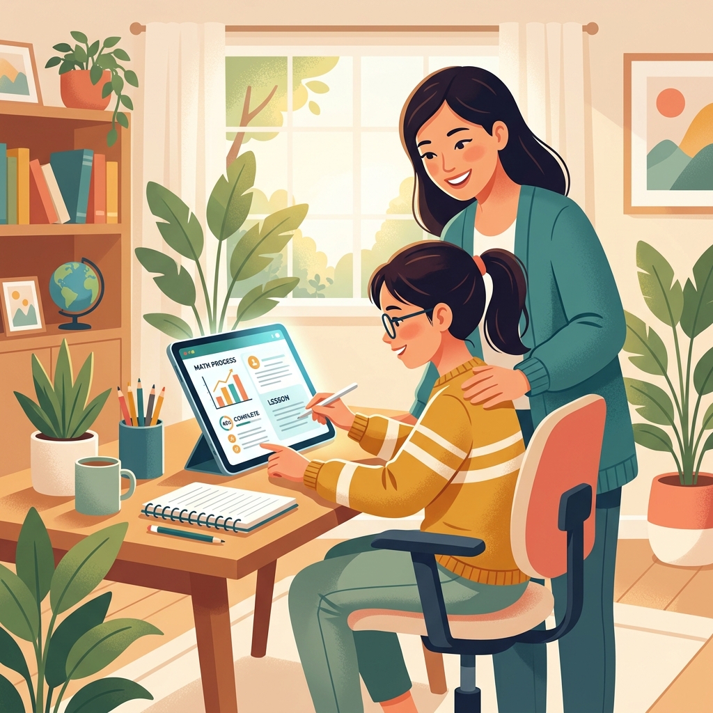 浮いた教育費を活用して、自宅でタブレットによるオンライン通信学習をする子ども