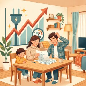 電気代の請求書を見て困惑している日本の家族のイメージ