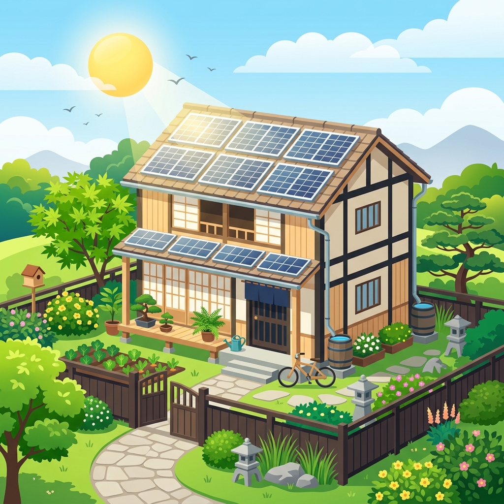 太陽光パネルを搭載した日本の一般家庭。電気を自給自足するイメージ