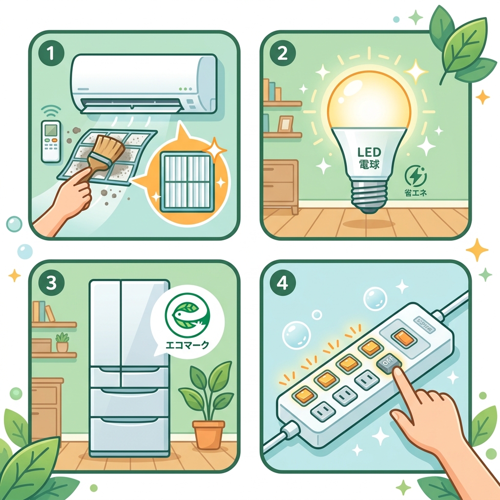 エアコン・LED照明・冷蔵庫など家庭でできる省エネ対策の図解