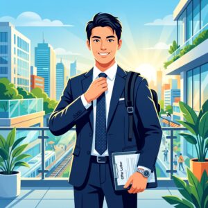 スーツを綺麗に着こなし、肌に清潔感のある新社会人の男性