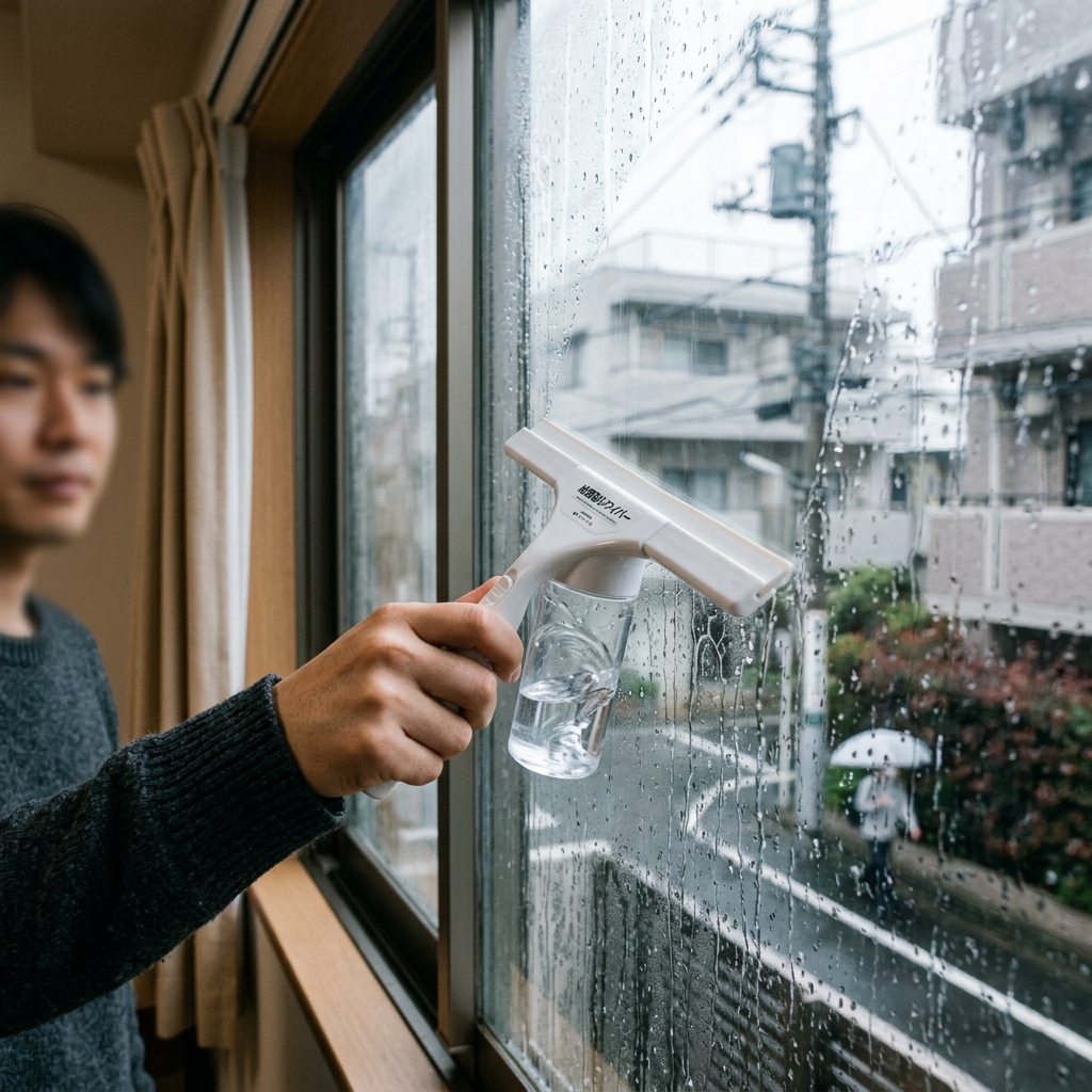 梅雨の結露した窓をスキージー型ワイパーで拭き取るシーン