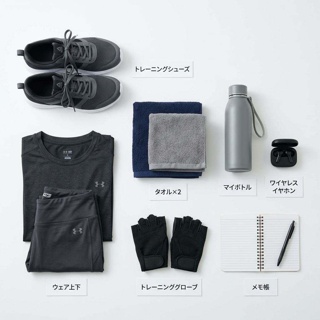 ジムの必需品フラットレイ:シューズ・ウェア・タオル・ボトル・イヤホンを整理したもの