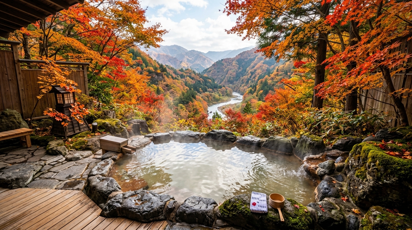 紅葉を望む絶景日帰り露天風呂温泉