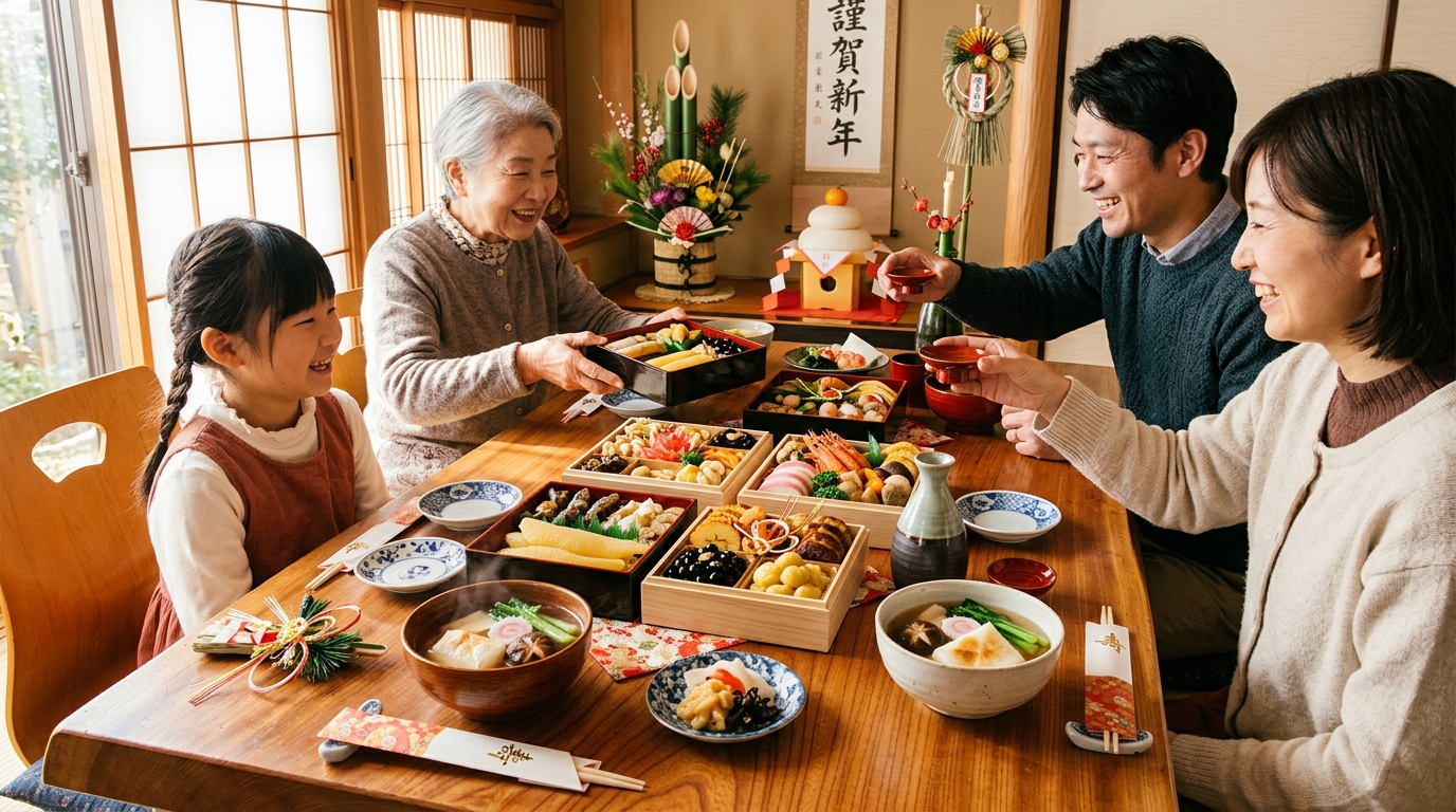 お正月家族でおせちを囲む食卓