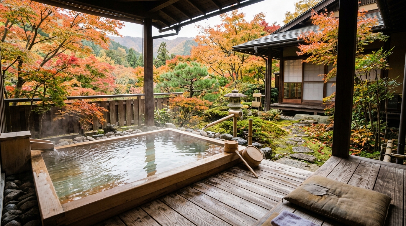 紅葉と日本庭園を望むプライベートな客室露天風呂のイメージ